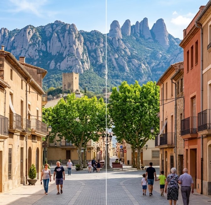 Vistas del centro histórico, el patrimonio arquitectónico y el entorno natural del Bages en Sant Vicenç de Castellet